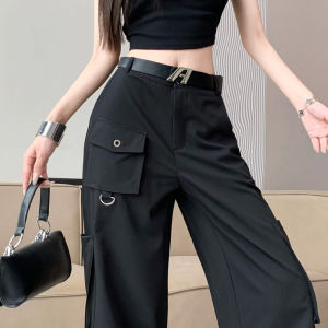กางเกงขายาวทรงหลวมสีดำสไตล์อเมริกันสำหรับผู้หญิงในช่วงฤดูร้อน กางเกงขายาวทรงตรงเอวสูง ดีไซน์บาง ทรงทำงาน ทรงลำลอง
