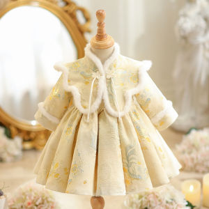 Girls One Year Old Birthday Party Clothes Winter Thickened Fleece Padded Cheongsam Baby Girls Clothing Traditional Chinese New Year Outfit