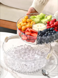 Elegant Round Multi-Compartment Serving Tray with Ice Cube Section – Reusable Hand Washable Clear Plastic Design for Appetizers Fruits and Parties – Perfect for Weddings Gatherings and Fresh Food Display Decorative Tray