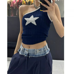 chaqi | Áo len dệt kim không tay ôm vừa vặn thời trang mùa hè 2025 Thiết kế vai trái màu sắc Áo vest hở lưng cho nữ