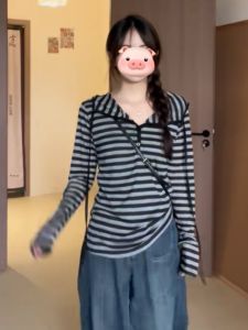 American Style Striped Hooded Knitted Long Sleeve T-Shirt Womens Waist-Cinching Design Unique Top Body-conscious Shirt