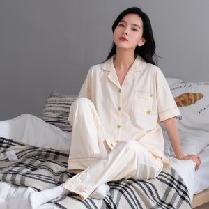 ชุดนอนคู่รัก ผ้าฝ้าย แขนสั้นบาง คาร์ดิเกน ชุดอยู่บ้านสีบริสุทธิ์ ลำลอง ชุดอยู่บ้าน ฤดูใบไม้ผลิ ฤดูร้อน เยาวชน ชุดนอน