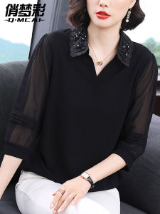 เสื้อเชิ้ตคอโปโลแขนสั้นผ้าชีฟองสำหรับผู้หญิง ทรงหลวม แขนยาว ทรงปกติ แขนยาว 7 นิ้ว ทรงปกติ ทรงสวย สง่างาม เสื้อผ้าทำงานสไตล์เกาหลี