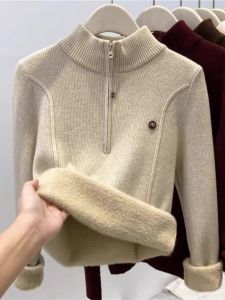 WANGGONGZHU | Thickened Half High Collar Knitted Base Shirt Womens Autumn Winter Fashionable Sweater One-Piece Velvet Integrated Design Sense