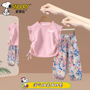 Snoopy Girls Summer Casual Comfortable Two-Piece Set Cute Top Bottoms Childrens Clothing Soft Fabric Easy to Wear for Kids