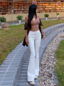 High Waist Slimming Long Extended Bell Bottom Jeans Womens High Rise Skinny Jeans White Denim Pants Autumn Fashion Ladies