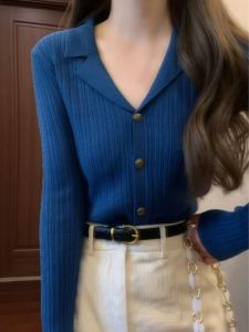 HUOLISI | Spring Autumn Blue Notch Collar Soft Knitted Sweater Cardigan