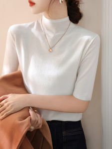 French Style White Fitted Knit Top Stand-up Collar Half-length Sleeve