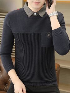 HENGYUANXIANG | เสื้อสเวตเตอร์คอโปโลหนาสำหรับผู้ชาย เสื้อชั้นในแฟชั่นฤดูใบไม้ร่วง/ฤดูหนาว เสื้อผ้าผู้ชายสไตล์ย้อนยุค เส้นใยโพลีเอสเตอร์