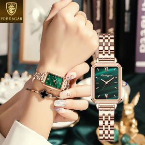 POEDAGAR elegant watch for women waterproof korean style new leather/stainless steel square watch for girls green