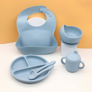 6pcs baby complementary food tableware feeding set with adjustable bib plate bowl strong suction water cup spoon and fork