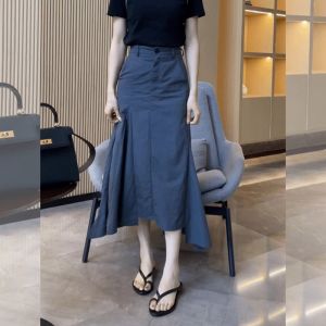 กระโปรงทรงเอเอวสูงสีน้ำเงินทรงหางปลา ทรงสลิมฟิต เอวสูง ทรงสลิมฟิต กระโปรงทรงเอ สำหรับผู้หญิง ฤดูร้อน 2025 ใหม่