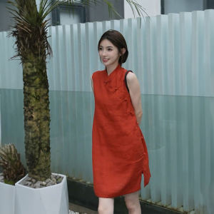 Váy Dài Không Tay Màu Đỏ Mới Của Trung Quốc Váy Dài Cạp Cao Cổ Chữ a Cho Nữ Mùa Hè 2024 Chất Liệu Khác 100%