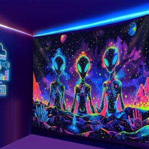 VIKAMA Blacklight Reactive Alien Tapestry Màu Xanh Neon UFO Vũ Trụ Ngoài Trái Đất Treo Tường Ảo Giác Trang Trí Ký Túc Xá Polyester