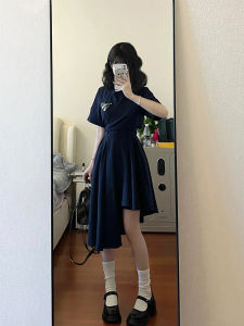 Irregular Hemline Womens Dress College Style Belly Baring Elegant Slimming Waist Design Summer Short Sleeve A-Line Skirt