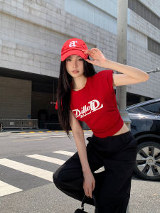 GUZILIAN | Red Letter Print Casual Versatile Short Sleeve T-Shirt Women Summer Spicy Belly Button Slimming Short Style Top Round Neck