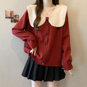 เสื้อสเวตเตอร์คอปกตุ๊กตาสีแดงสไตล์ฝรั่งเศส ผูกโบว์ผีเสื้อ ทรงหลวม แขนยาว ปกติ ฤดูใบไม้ร่วง เสื้อผ้าทำงาน ผู้หญิง