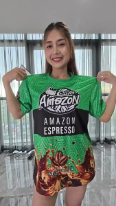 เสื้อพิมพ์ลาย ผ้ากีฬา ลายอเมซอน เอสเปรสโซ่ งานจริง สีสด สวย คมชัด หนา145g นุ่มลื่น ใส่สบาย