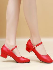 Womens Leather Square Dance Shoes Cowhide Low Heel Ballroom Dancing Shoes Dancing Shoes Breathable Soft Bottom Adult Latin Shoes