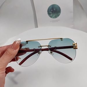 Couple fashion metal leopard print embellished sunglasses rimless cut edge wood grain leg UV blocking sunglasses