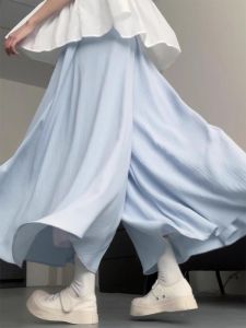 กางเกงกระโปรงทรงเอผ้าไหมน้ำแข็งสีน้ำเงินไซส์ใหญ่สำหรับผู้หญิงในช่วงฤดูร้อน กางเกงขายาวทรงหลวมสบายๆ สำหรับผู้หญิงไซส์ใหญ่