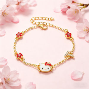 Sanrio | Hello Kitty Flower Charm Bracelet Gold Tone Zinc Alloy with Red Enamel & Rhinestone Adjustable Chain Jewelry