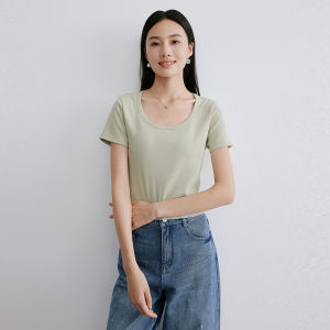 Womens Simple Commuter Straight Shoulder T-shirt Short Sleeve White