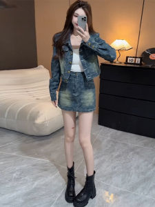 Retro American Denim Set Womens Short Embroidered Floral Jacket High Waist Skort Two-Piece Suit Autumn 2024 Fashion Trend
