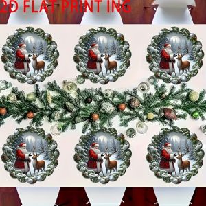 VIKAMA 4/6PC Christmas Placemats with Wavy Edges Round Santa Claus Snow Scene Christmas Party Table Decorations and Accessories