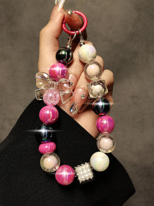 Creative Personalized Pink Beaded Handheld Chain Wrist Short Lanyard Clip Phone Case Keychain Pendant Womens Trendy Accessories