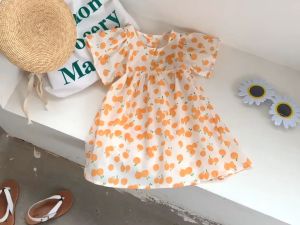 Girl Cute Orange Dress - Flower Cotton Printed Summer Short Sleeves Korean Kids Dress - Baju Kanak Kanak Perempuan Princess Dress Budak Lengan Pendek - 儿童女孩碎花连衣裙小白裙 - Christmas outfit