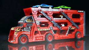 Folding Race Car Storage Container Truck Carry Case with 6pcs Mini Diecast Car Toy Vehicles Folding Truck Mini Car