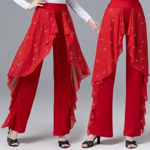 Modern Dance Pants Womens Latin Dance Wide Leg Pants Square Dancing Clothing Practice Suit Long Pants mid Waist Flared Pants