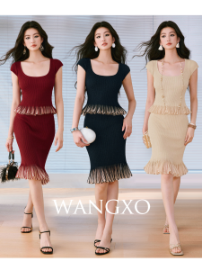 WANGXO | Bộ Áo Tay Dáng Đẹp và Chân Váy Xòe Đuôi Cá