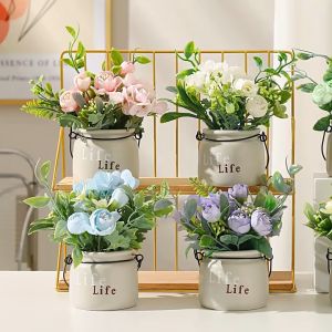 กระถางเซรามิกดอกไม้ผ้าไหม กระถางดอกไม้ประดิษฐ์ ของตกแต่งบ้าน ห้องนั่งเล่น โต๊ะทำงาน เครื่องประดับดอกไม้ประดิษฐ์