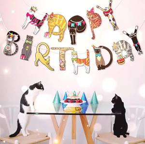 Birthday Party BannerCute Cat Decorations with Happy Birthday TextEasy Hang Banner for Girls Boys Birthday Party Decorations.