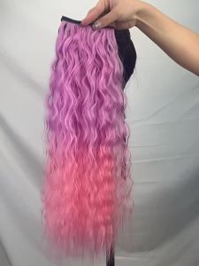 22Inch Long Synthetic Corn Wave Ponytail Extension Clip In Ombre Red Pink Color Curly Wavy Hair Extensions Tie Up Hair Piece