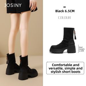 Josiny | black high heel elastic slim mid-calf boots