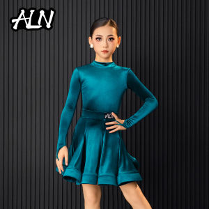 Elite Competition Latin Dance Costume for Girls Velvet Performance Uniform Half High Collar A-Line Skirt Removable Chest Pad