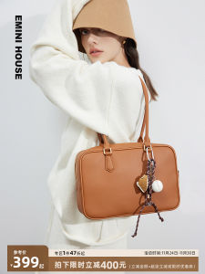 Emini House Vintage Leather Shoulder Bag Womens Commuter Bag Bowling Bag Boston Style Handbag Soft Zipper Closure