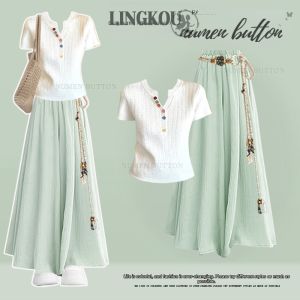 NUMEN BUTTON | Casual Slimming Short Sleeve Knitted Top Skirt Pants Set