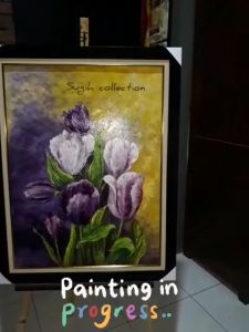 HIASAN DINDING LUKISAN BUNGA TULIP PLUS BINGKAI UKURAN 60X80