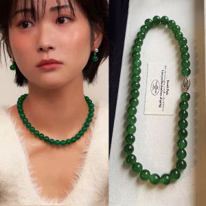 D-Li Xin Green Glass Bead Necklace New Chinese Style Lockbone Chain Fashion Jewelry for Women Retro Trendy Accessory