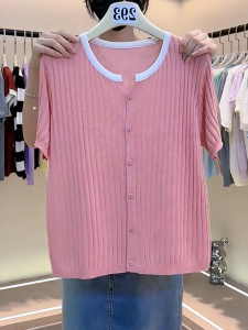 QINGNAER | Simple Gentle Style Pink Short Sleeve Cardigan Plus Size Womens Clothing Summer