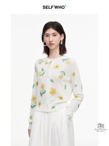Short Linen Blend Flannel Hem Print Women Knitwear