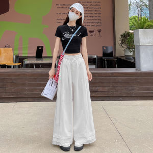 WANGGONGZHU | High Waist Lace Embroidery Wide Leg Pants Women Summer New Sweet Flounce Slim Straight Casual Trousers Princess Style