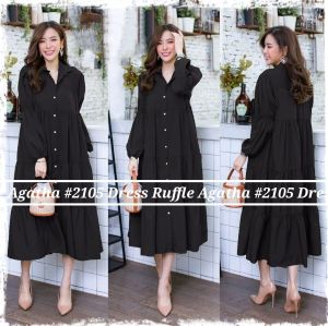 ●ECLAIRE● 0IS Dress Midi Kerah Longsleeves Tangan Panjang Tiered Susun Katun Kasual Casual Pesta Anggun Kerja Agatha