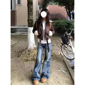 กางเกงยีนส์ทรงหลวมสไตล์อเมริกันย้อนยุคสำหรับผู้หญิง กางเกงขายาวทรงหลวมเอวสูง ทรงสลิมฟิต แฟชั่นฤดูใบไม้ร่วง