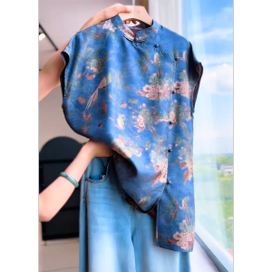 QINGNAER | Chinese Style Floral Print Womens Short Sleeve Shirt