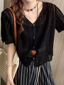 Ice Silk Knitted Short Sleeve T-Shirt Womens Summer Fashion Loose Single Button V-Neck Thin Casual Top Small Open Cardigan